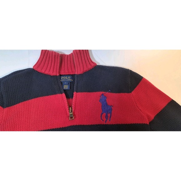 Polo Ralph Lauren Kids Navy Red Striped Quarter Zip Sweater Pony Logo Size 7 - Picture 5 of 9